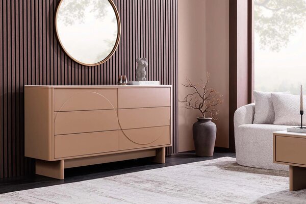 Designová moderní komoda Savonia se šesti šuplíky ve světle hnědé barvě s minimalistickým geometrickým reliéfem 150 cm