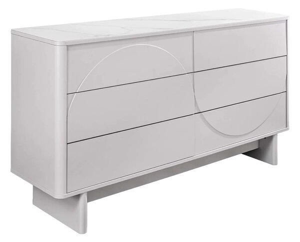 Designová art deco bílá komoda Savonia s mramorovou deskou a šesti šuplíky s minimalistickým reliéfem vlny 150 cm