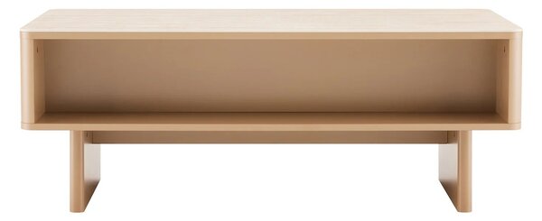 Designový art deco obdélníkový hnědý konferenční stolek Savonia s úložným prostorem a béžovou travertinovou deskou 120 cm