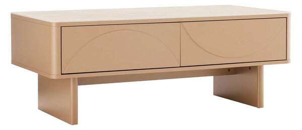 Designový art deco obdélníkový hnědý konferenční stolek Savonia s úložným prostorem a béžovou travertinovou deskou 120 cm