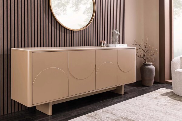 Art deco obdélníkový čtyřdveřový příborník Savonia s travertinovou deskou v hnědé barvě a 3D reliéfy 180 cm