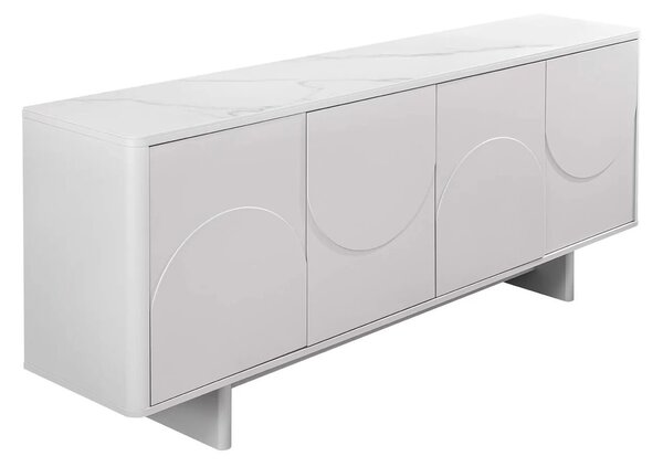 Art deco obdélníkový čtyřdveřový bílý příborník Savonia s 3D reliéfem a mramorovou bílou deskou 180 cm