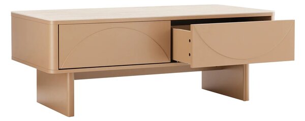 Designový art deco obdélníkový hnědý konferenční stolek Savonia s úložným prostorem a béžovou travertinovou deskou 120 cm