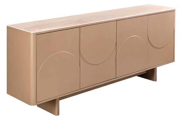 Art deco obdélníkový čtyřdveřový příborník Savonia s travertinovou deskou v hnědé barvě a 3D reliéfy 180 cm
