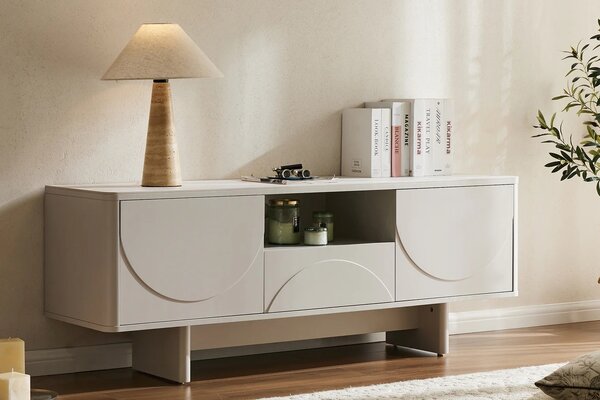 Designový art deco dvoudveřový TV stolek Savonia s policí a šuplíkem v bílé barvě s mramorovou deskou 150 cm