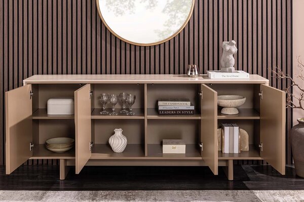Art deco obdélníkový čtyřdveřový příborník Savonia s travertinovou deskou v hnědé barvě a 3D reliéfy 180 cm