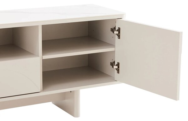 Designový art deco dvoudveřový TV stolek Savonia s policí a šuplíkem v bílé barvě s mramorovou deskou 150 cm