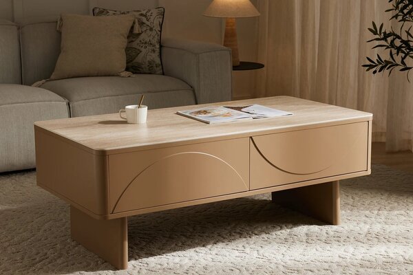 Designový art deco obdélníkový hnědý konferenční stolek Savonia s úložným prostorem a béžovou travertinovou deskou 120 cm