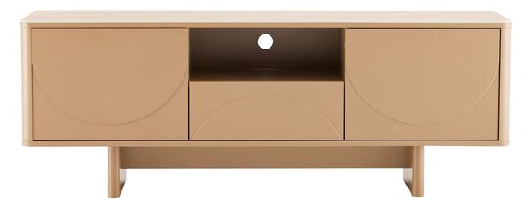 Designový art deco TV stolek Savonia s úložným prostorem v hnědé barvě s travertinovou deskou a geometrickým reliéfem 150 cm