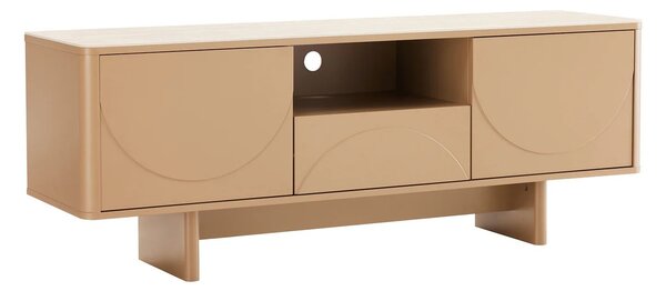 Designový art deco TV stolek Savonia s úložným prostorem v hnědé barvě s travertinovou deskou a geometrickým reliéfem 150 cm