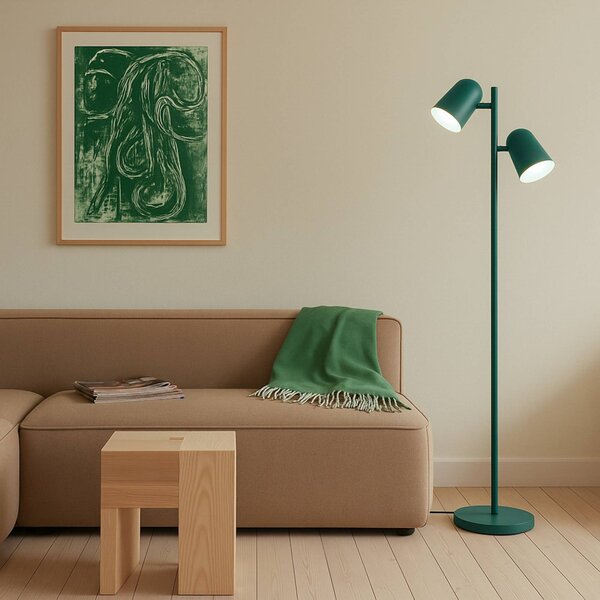 Lindby Stojací lampa Isara, zelená, 165 cm, 2 žárovky, kov, E27, Zelená, Obývací pokoj / jídelna, kov, Moderní