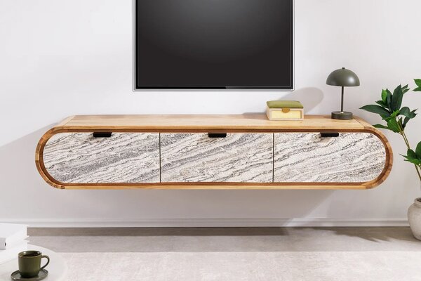 Art deco závěsný masivní obdélníkový hnědý TV stolek Spin se třemi zásuvkami s mramorovým designem v bílé a šedé barvě 160 cm