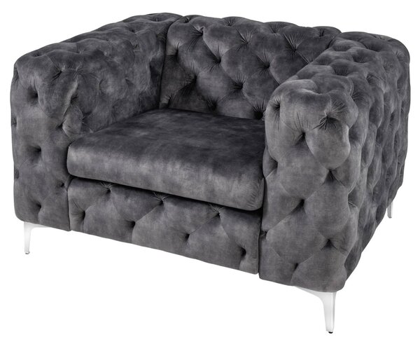 Designové chesterfield křeslo Modern Barock v tmavě šedé barvě se sametovým potahem a stříbrnými nožičkami z kovu 120 cm
