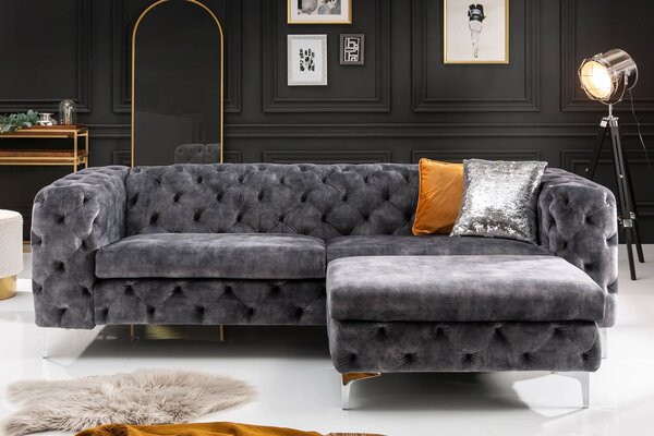 Luxusní glamour taburetka Modern Barock s šedým sametovým potahem s chesterfield prošíváním se stříbrnými nožičkami 92 cm