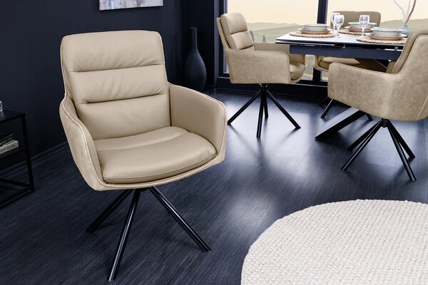 Designová kožená otočná béžová jídelní židle Dover s černými kovovými nožičkami 88 cm