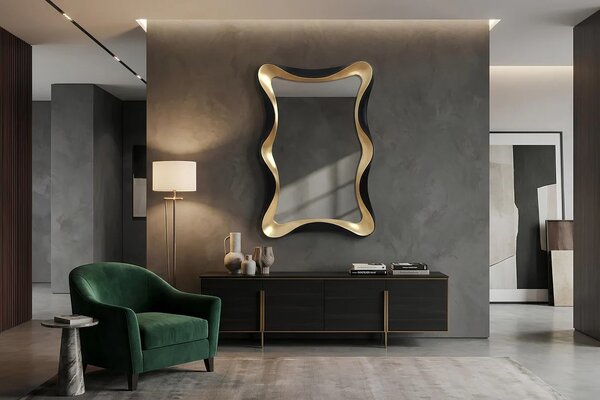 Stylové glamour obdélníkové nástěnné zrcadlo Yraj se zvlněným černě zlatým rámem 120 cm