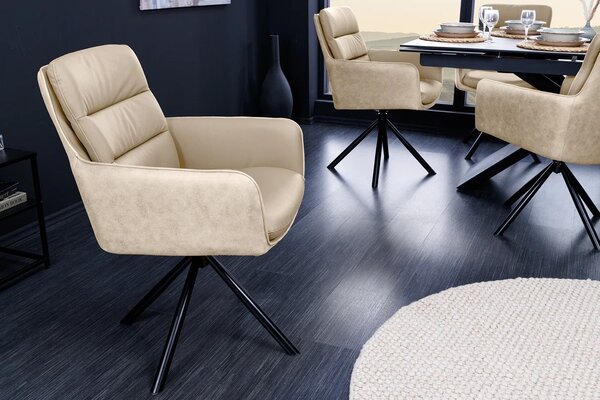 Designová kožená otočná béžová jídelní židle Dover s černými kovovými nožičkami 88 cm