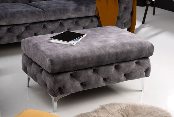 Luxusní glamour taburetka Modern Barock s šedým sametovým potahem s chesterfield prošíváním se stříbrnými nožičkami 92 cm