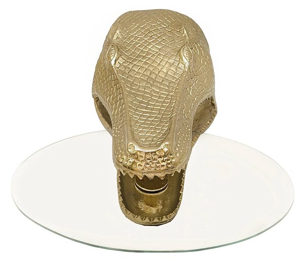 Designový glamour nástěnný příruční stolek Tierra Glam se zlatou krokodýlí hlavou a kulatou skleněnou deskou 75 cm