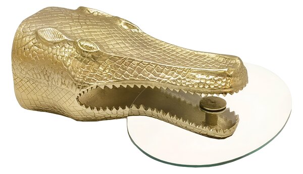 Designový glamour nástěnný příruční stolek Tierra Glam se zlatou krokodýlí hlavou a kulatou skleněnou deskou 75 cm