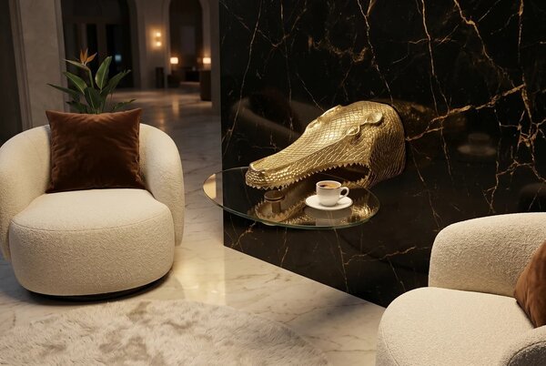 Designový glamour nástěnný příruční stolek Tierra Glam se zlatou krokodýlí hlavou a kulatou skleněnou deskou 75 cm