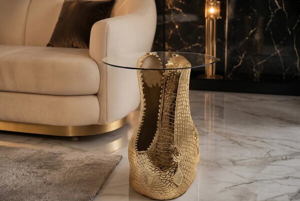 Dizajnový okrúhly glamour príručný stolík Crocodile so zlatou podstavou v tvare krokodílej hlavy a sklenenou doskou 51 cm