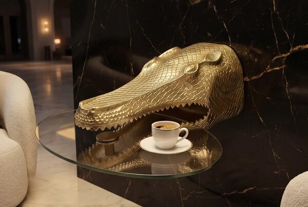 Designový glamour nástěnný příruční stolek Tierra Glam se zlatou krokodýlí hlavou a kulatou skleněnou deskou 75 cm