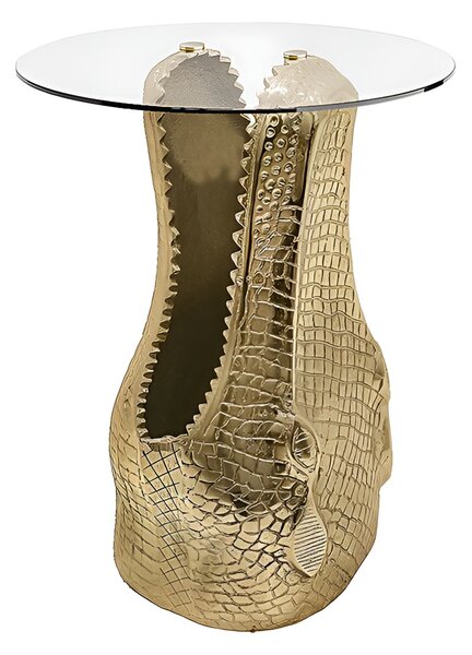 Dizajnový okrúhly glamour príručný stolík Crocodile so zlatou podstavou v tvare krokodílej hlavy a sklenenou doskou 51 cm