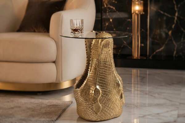 Dizajnový okrúhly glamour príručný stolík Crocodile so zlatou podstavou v tvare krokodílej hlavy a sklenenou doskou 51 cm