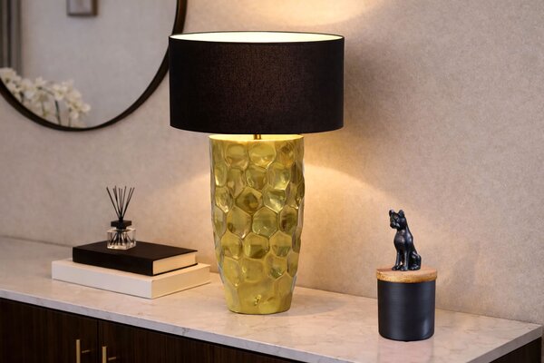 Moderní art-deco stolní lampa Almina se zlatým kovovým podstavcem s kladívkovým efektem a černým textilním stínítkem 53 cm