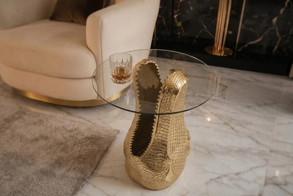 Dizajnový okrúhly glamour príručný stolík Crocodile so zlatou podstavou v tvare krokodílej hlavy a sklenenou doskou 51 cm
