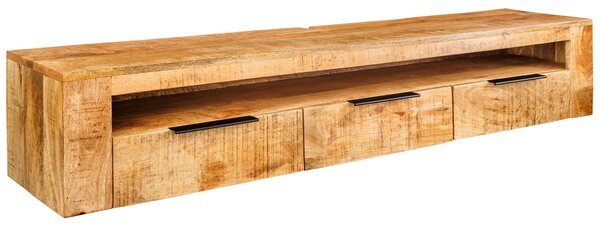 Designový závěsný obdélníkový TV stolek Steele Craft z masivního mangového dřeva se třemi zásuvkami a otevřenou policí 160 cm