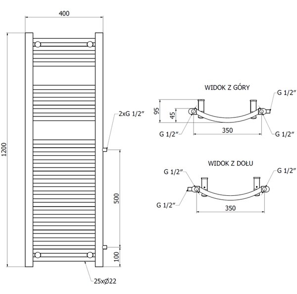 Mexen Ares, topné těleso 1200 x 400 mm, 442 W, boční pravé a spodní připojení, bílá, W102-1200-400-00-20-S