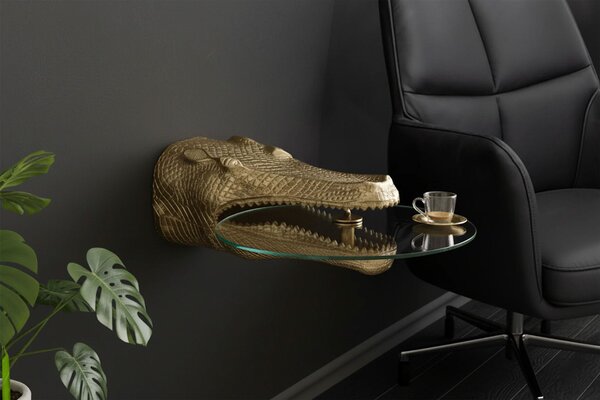 Designový glamour nástěnný příruční stolek Tierra Glam se zlatou krokodýlí hlavou a kulatou skleněnou deskou 75 cm