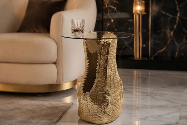 Dizajnový okrúhly glamour príručný stolík Crocodile so zlatou podstavou v tvare krokodílej hlavy a sklenenou doskou 51 cm