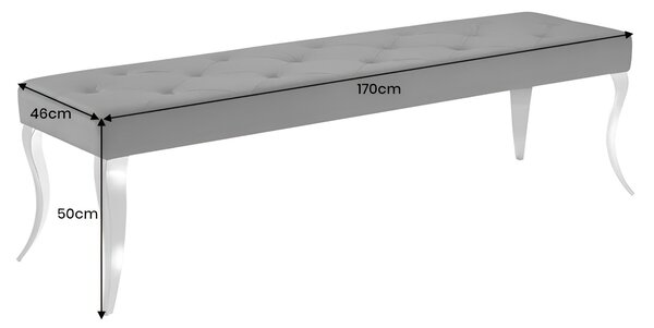 Moderná glamour lavice Modern Barock s černým sametovým potahem s prošíváním a knoflíky se stříbrnými kovovými nohami 170 cm