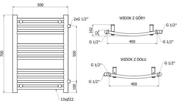 Mexen Ares, topné těleso 700 x 500 mm, 286 W, boční pravé a spodní připojení, bílá, W102-0700-500-00-20-S