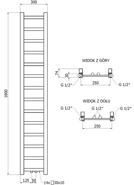 Mexen Bolt, topné těleso 1800 x 300 mm, 351 W, spodní a středové, černá, W126-1800-300-00-70