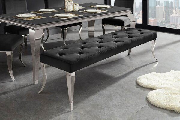 Moderná glamour lavice Modern Barock s černým sametovým potahem s prošíváním a knoflíky se stříbrnými kovovými nohami 170 cm