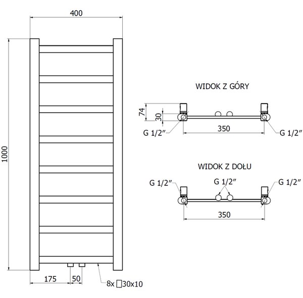 Mexen Bolt, topné těleso 1000 x 400 mm, 228 W, spodní a středové, bílá, W126-1000-400-00-20