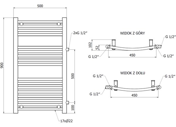 Mexen Ares, topné těleso 900 x 500 mm, 372 W, boční pravé a spodní připojení, bílá, W102-0900-500-00-20-S