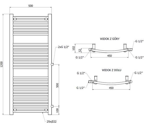 Mexen Ares, topné těleso 1200 x 500 mm, 531 W, boční pravé a spodní připojení, černá, W102-1200-500-00-70-S