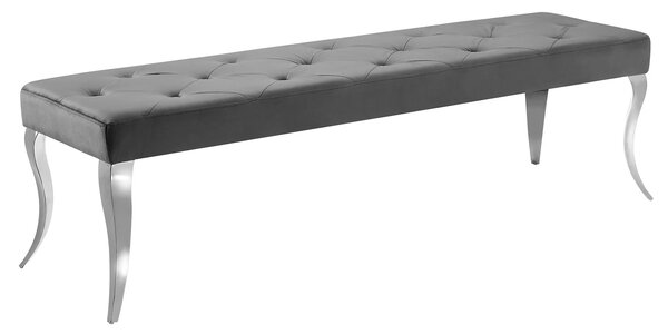 Moderní glamour lavice Modern Barock s šedým sametovým potahem s chesterfield prošíváním se stříbrným kovovým nohama 170 cm