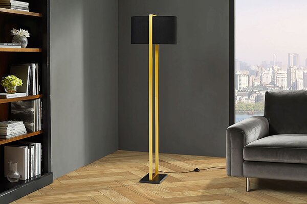 Moderní glamour stojací lampa Ambient se zlatým kovovým rámem s černým textilním stínítkem a obdélníkovým podstavcem 160 cm