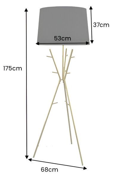 Moderní glamour stojací lampa Mervik se zlatou trojnohou konstrukcí se závěsnými úchyty a černým stínítkem 175 cm