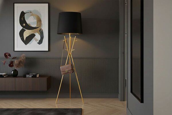 Moderní glamour stojací lampa Mervik se zlatou trojnohou konstrukcí se závěsnými úchyty a černým stínítkem 175 cm