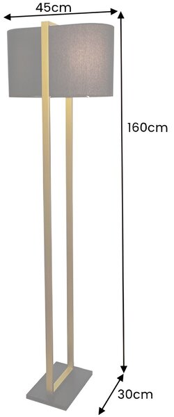 Moderní glamour stojací lampa Ambient se zlatým kovovým rámem s černým textilním stínítkem a obdélníkovým podstavcem 160 cm
