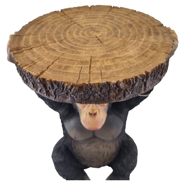 Designový kulatý příruční stolek Pop Atelier ve tvaru sedící opice s horní deskou s motivem průřezu kmene stromu 52 cm
