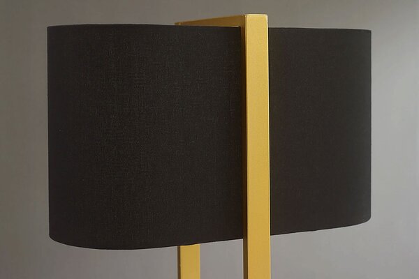 Moderní glamour stojací lampa Ambient se zlatým kovovým rámem s černým textilním stínítkem a obdélníkovým podstavcem 160 cm