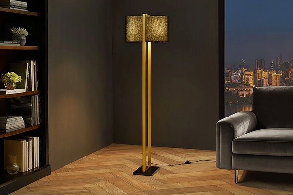 Moderní glamour stojací lampa Ambient se zlatým kovovým rámem s černým textilním stínítkem a obdélníkovým podstavcem 160 cm